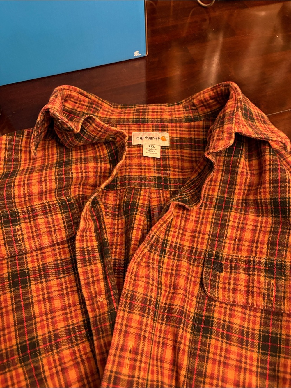 Carhartt Men’s Orange and Green Plaid Button-Down Shirt